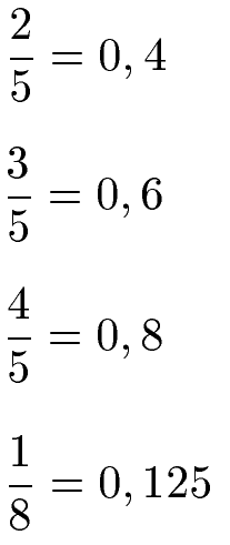 Bruch in Dezimalzahl Tabelle, Nenner 5 und 8