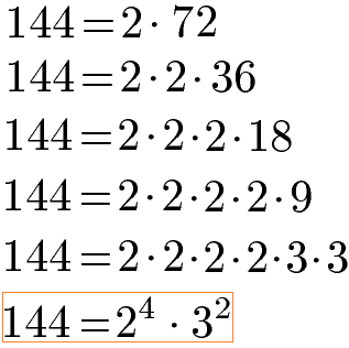 Brüche addieren: Primfaktorzerlegung 144