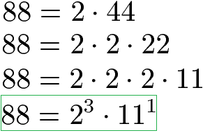 Brüche subtrahieren: Primfaktorzerlegung Zahl 88 für kgV