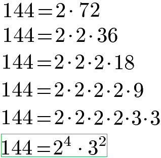 Brüche subtrahieen: Primfaktorzerlegung Zahl 144 für kgV