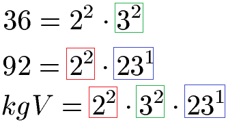 Primfaktorzerlegung kgV für 36 und 92